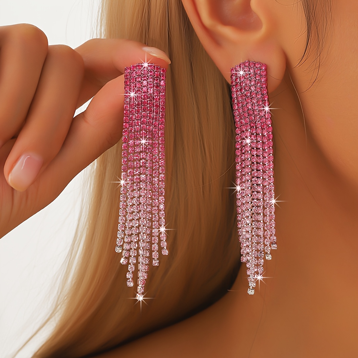 Gradient Color Inlaid Rhinestone Curved Tassel Earrings